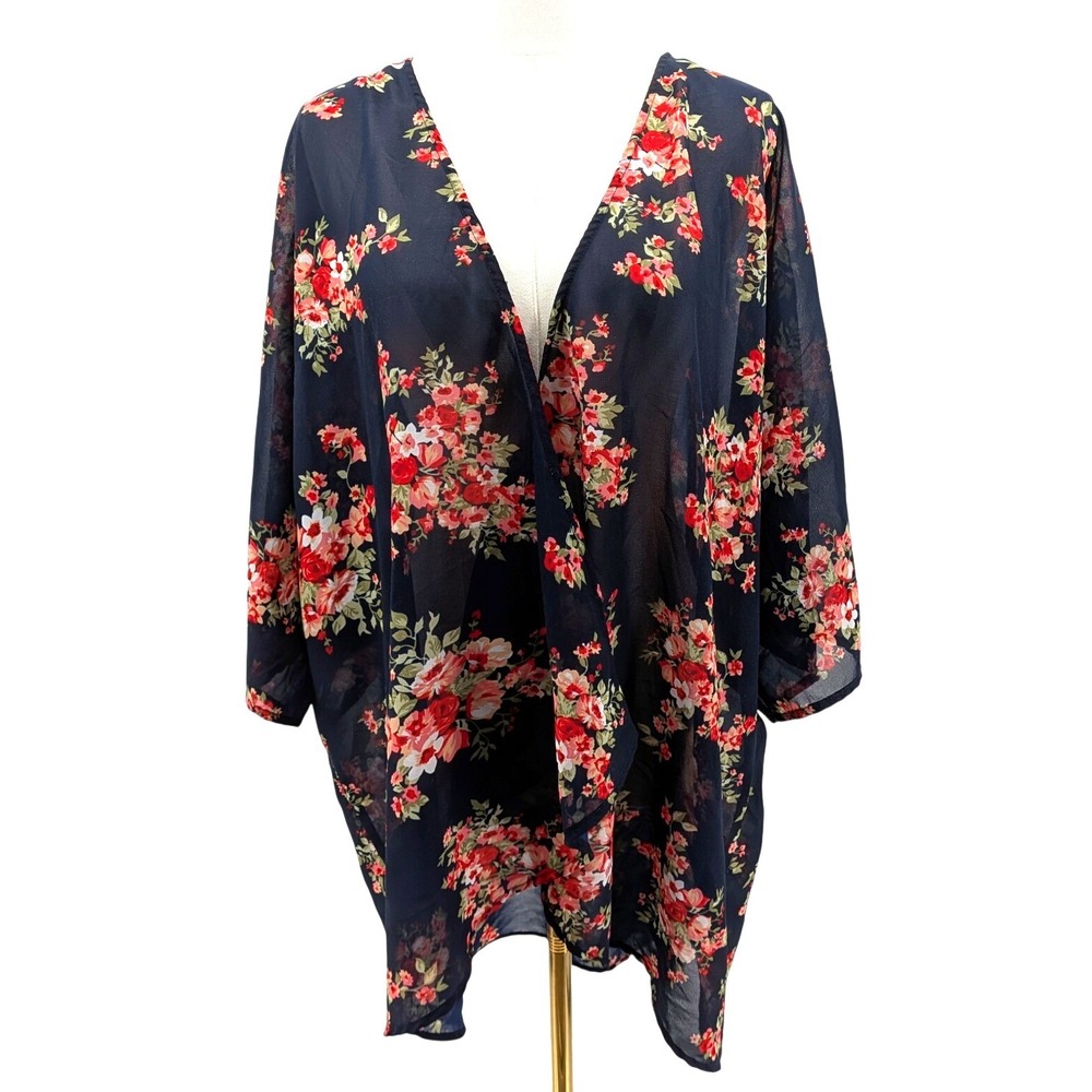 Floral Chiffon‎ Kimono Cardigan Navy Sheer Open Front Boho Plus Size 2X
